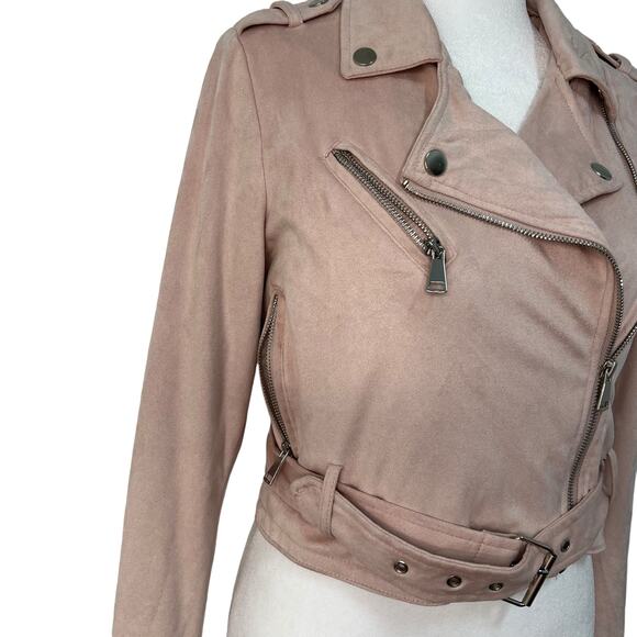 Ashley Outerwear Cropped Moto Jacket Pink Asymmetrical Zip Belt S Faux Suede Y2K - Picture 8 of 13
